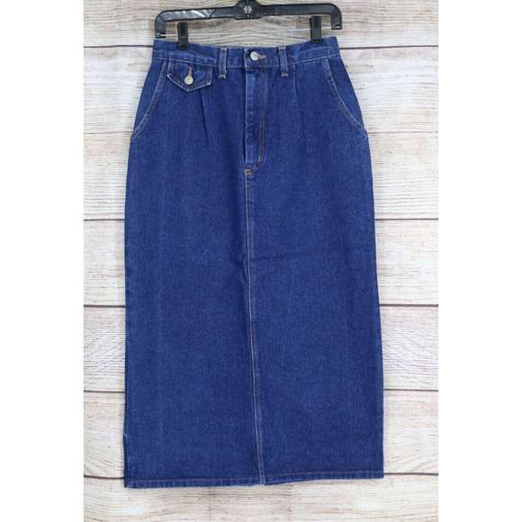 VINTAGE Vivaldi Womens Size 8 Pleated Mid Rise Midi Jean Skirt Blue - Picture 1 of 6